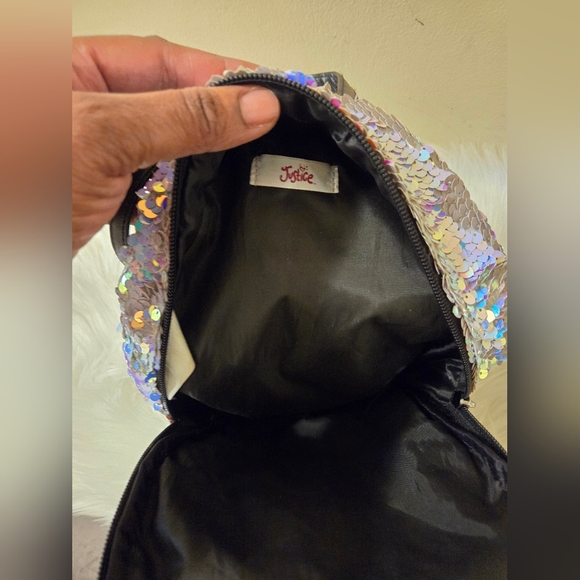 Justice Girls Mini Backpack Flip Sequin with Initial G, Silver & Pink Pom Pom - Picture 8 of 10